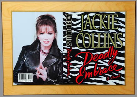 1st Ed. Publishers Gift Jackie Collins, Deadly Embrace: Beautiful publishers gift of a 1st edition book cover of Jackie Collins, "Deadly Embrace". An unforgettable tale of dangerous passion and suspense, both a prequel and sequel to her New York Times