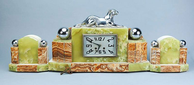 3 Pc. French Art Deco  Panther Marble Clock F. Marti (1 of 8)