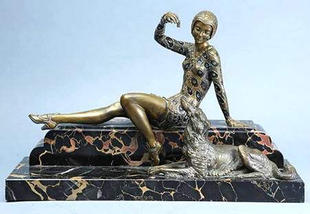 Art Deco Bronze Lady , H, Molins: Great art deco style bronze of a lady with the dog. Piece is marked H. Molins on the base. Flapper style lady sitting on marble holding a treat for the dog below her. Dog is also mounted on marble. 