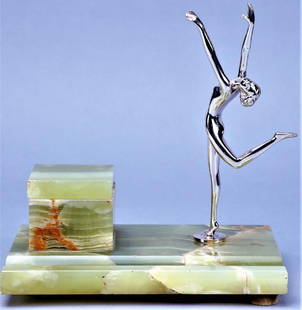 Art Deco Nude Marble Chrome Inkwell, Sat on Jackie's: Stunning Art Deco inkwell or stand with an attached nude figure. This is one of the figures that sat on one of Jackie's famous writing desks. The base and ink well is a solid marble with a hinged