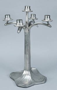 Vintage 5 Arm Jugendstil Candlestick by Style: Pretty polished pewter 5 arm candlestick in the Jugendstil/Art Nouveau style. Appears to be polished pewter with a leaf and berry detail around the candle holder bowl. Light fluted line design down