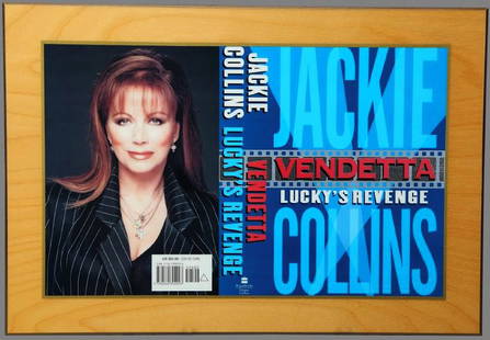 1st Ed. Publishers Jackie Collins, Vendetta, Lucky's: This cover features Jackie wearing the 3 pieces of diamond jewelry that are in the next 3 lots. Beautiful publishers gift of a 1st edition book cover of Jackie Collins "Vendetta, Lucky's Revenge". 