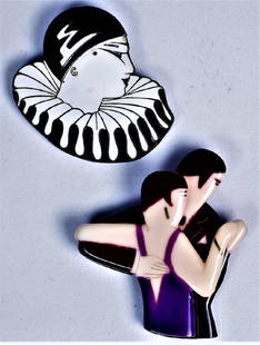 Pair Butler & Wilson Figural Brooches/Sterling: Great pair of Butler and Wilson brooches. One plastic 3D brooch of a couple dancing, signed on the back and measures approx 2 1/2" long. One is sterling, enameled in black and white of a harlequin. Ma