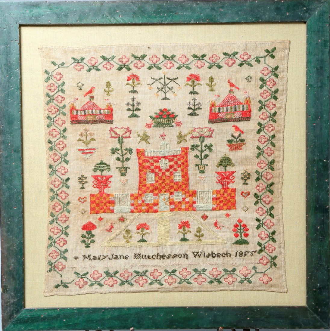 Antique Schoolgirl Sampler 1850's Pictorial: Antique 1855 Schoolgirl Sampler. Pictorial Sampler. Colors are bright, no foxing or spotting on the piece. On a linen ground, then mounted on linen, then framed. No glass. Appears to be done by Mary J