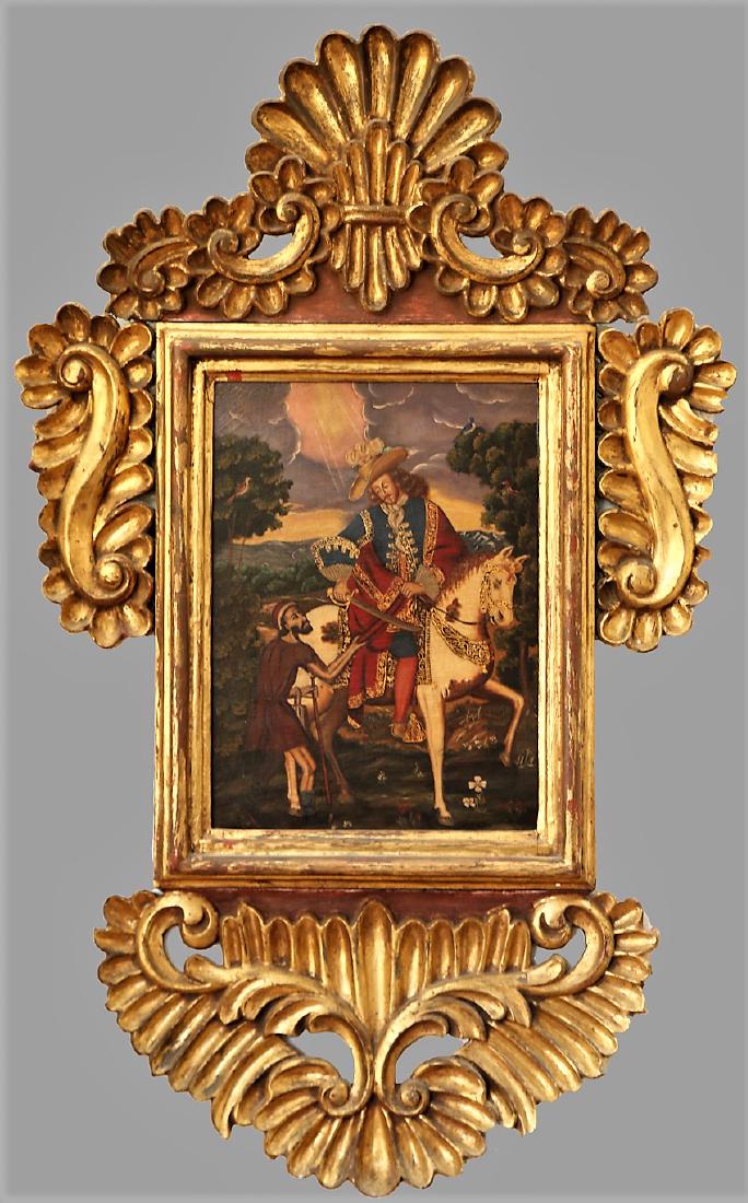 Antique Spanish Colonial Style Painting Conquistador: Antique Spanish colonial style painting. Depicting a conquistor and beggar. This painting seems to be modeled after the story Saint Martin and the beggar. The man on the horse, and the horse are embel