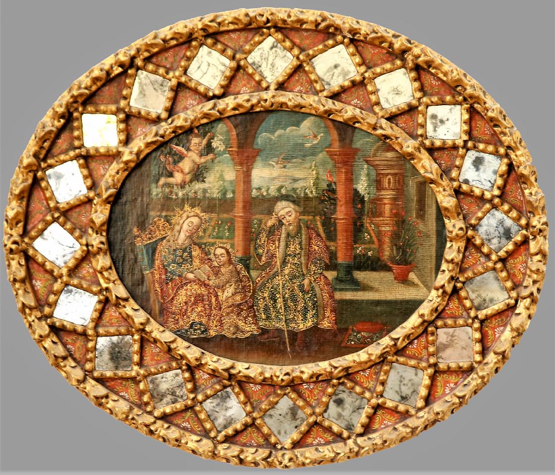 Antique Spanish Colonial Style Painting: Antique Spanish Colonial Style Painting, depciting a seated Madonna type Figure and child and a seated man. With an angel in flight over the head of the Madonna. In An orniate gold gilt and gesso fram