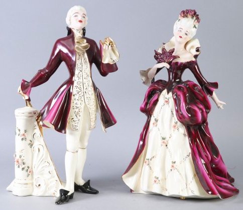 Florence Ceramics Madame Pompadour & Louis XV: Vintage Florence Ceramcis Madame Pompadour & Louis XV. Appears in overall very good condition. Chip and May be a repair to Madame Pompadours fan.Crack in the coat of Louis XV and crack on the stand of