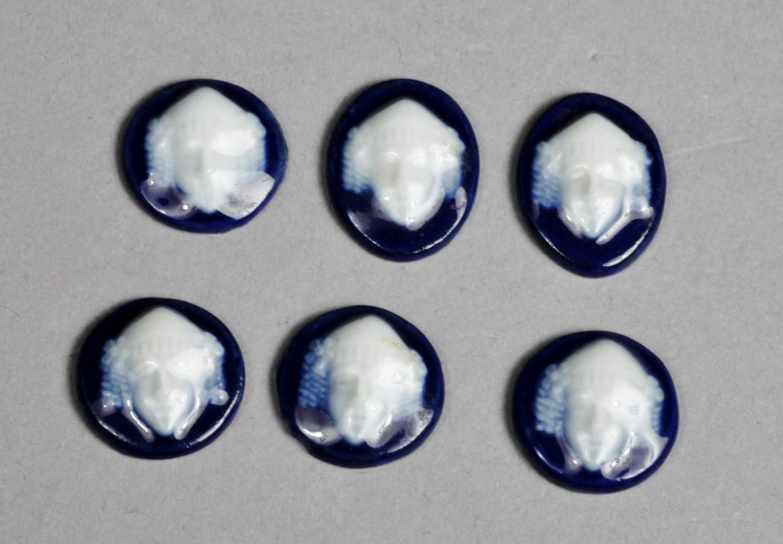 6 Antique French Limoges Cobalt Porcelain: Beautiful set of six Antique Blue Limoges medallions. Marked Limoges France, in what appears to be in very good condition. Classic deisgn of either a Greek Goddess or a Medusa head. Impressed Limoge F