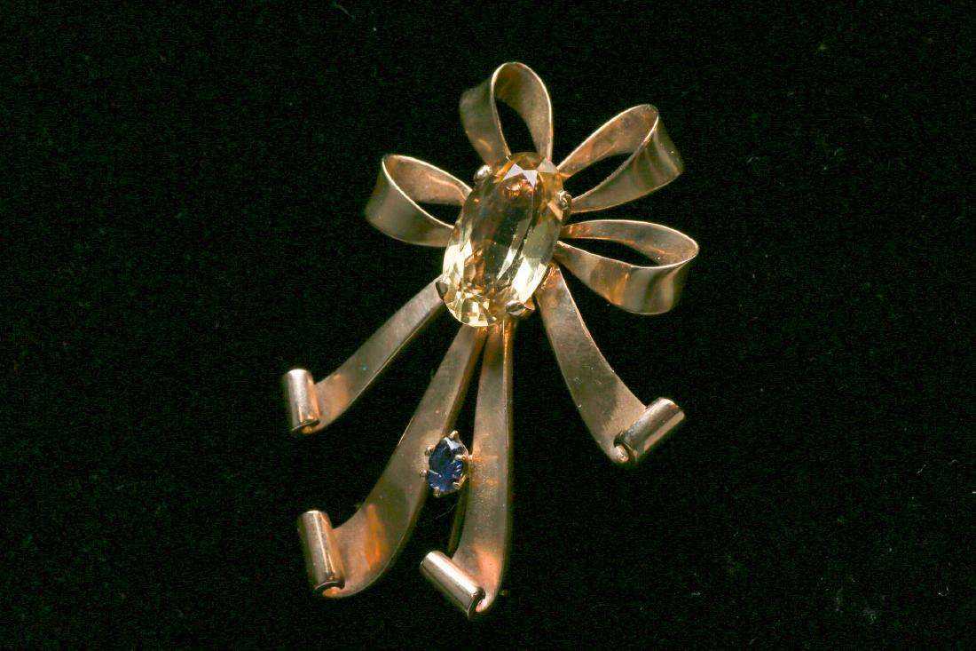 c1950 14K Gold Citrine & Sapphire Ribbon Brooch (1 of 6)