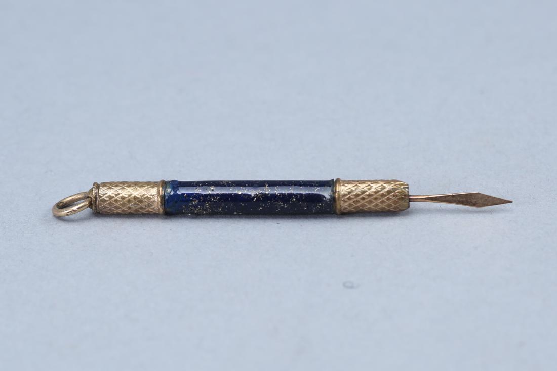 Antique Chatelaine Gold/Cobalt Enamel Toothpick 10K: Lovely antique toothpick for chatelaine. Pick and both ends are textured gold, center is heavy cobalt enamel with gold flecks. Unmarked, test as 10 k weight total about 4 grams. this toothpick measure