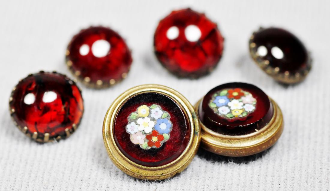 Vintage Millefiori Button Set: Vintage Millefiori, plus a set of 4 other antique buttons. The mounting on the micro mosaics appear to be copper.