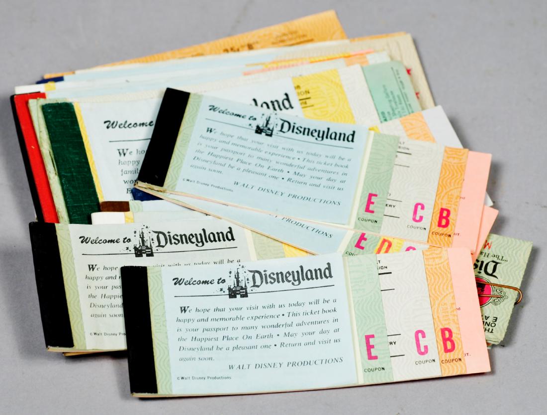 18 Vintage Disneyland Ticket Books: M...I...C......K...E...Y...M..O..U..S..EFun lot of 18 vintage Disneyland ticket books plus a few extras. 7 of the smaller books have the "E" tickets in them. There are 7 loose "B" tickets, 1 loose "A"
