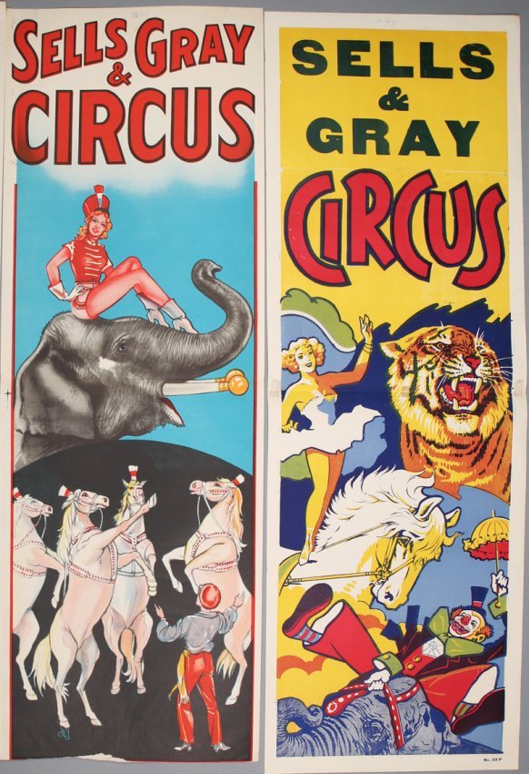 2 Vintage Sells & Gray Circus Banners: Nice pair of vintage Sells & Gray circus banner ads. Vibrant graphics. 41" x 14".