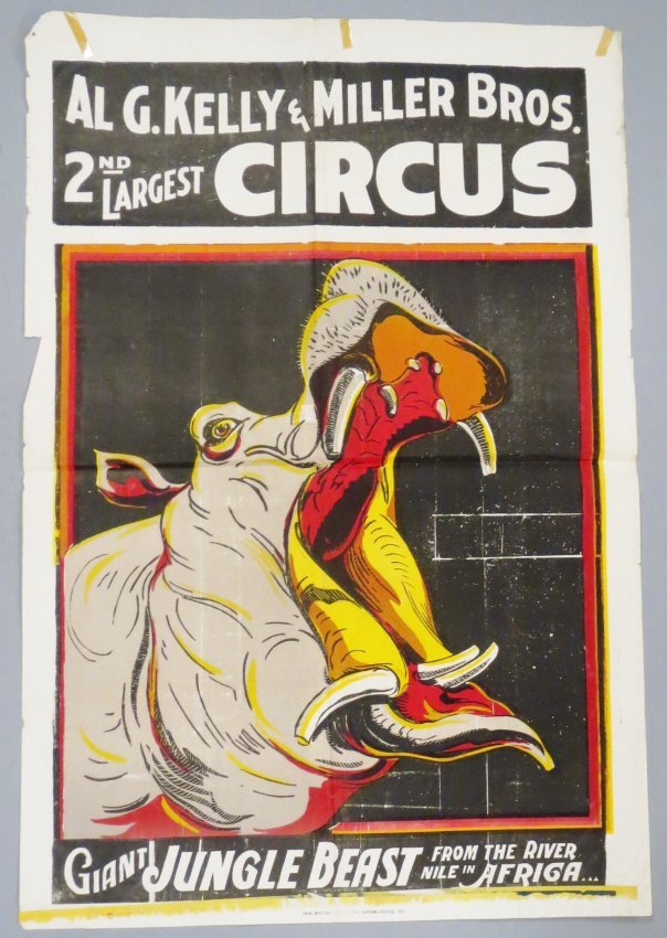 Vintage Al G. Kelly & Miller Bros Circus Poster: "Giant Jungle Beast" from the river Nile. Features a giant yawning hippopotamus. 44" x 28"