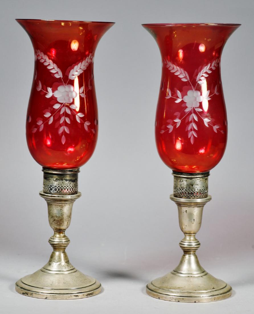 c1945 Mueck-Carey Sterling Silver Red Hurricane Lamps (1 of 5)