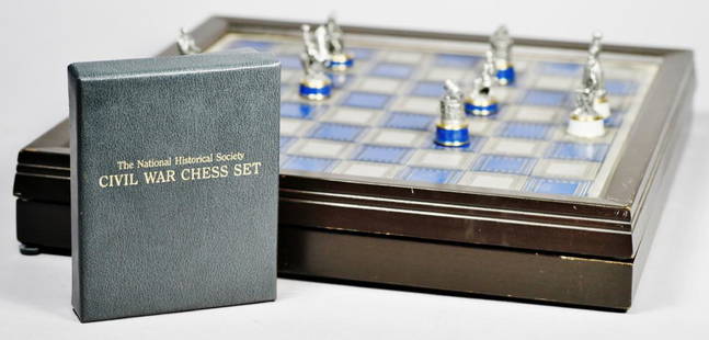 NHS Franklin Mint Civil War Chess Set: National Historical Society Civil War chess set w/ all 16 information pamphlets and complete chess set with all 32 pieces hidden under the board. Board 12.75, Depth 2.5, And Wide 12.75. Pieces measure