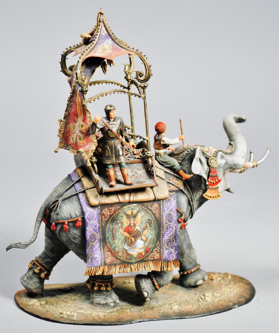 Made in Russia Great detailed Indian Elephant: Appears to be lead tin painted with tremendious detail, marked made in Russia, numbered D38, GB. Saint Petersburg Collection. approx: 8 1/2" high, 7 1/2" wide, 4" deep.