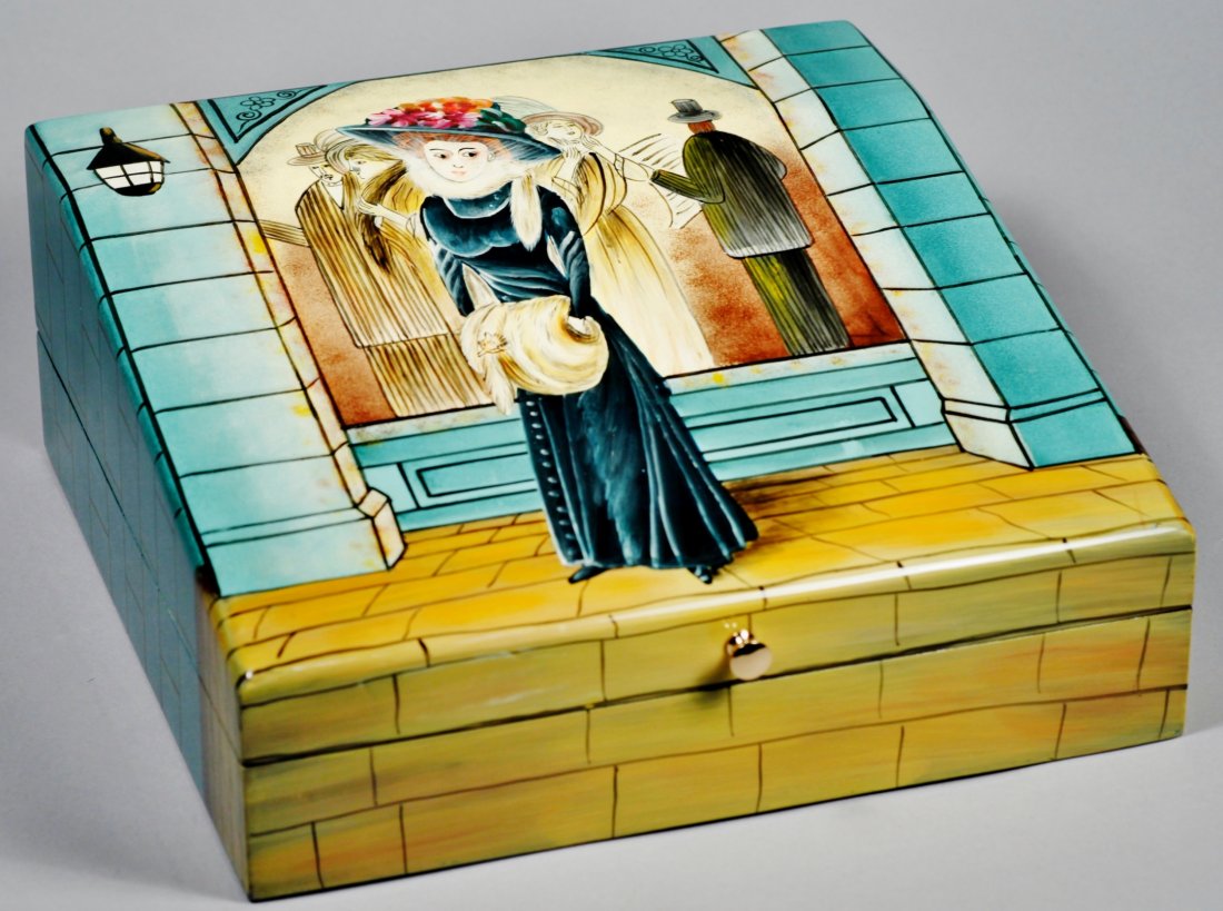 Monika's Artwork Box, All Hand Painted & Hand Made My F: This is a great handmade piece, where the whole piece is made by an artist named Monica. From cutting the wood to making the box, the whole item is made. This scene is inspired by, "My Fair Lady." In