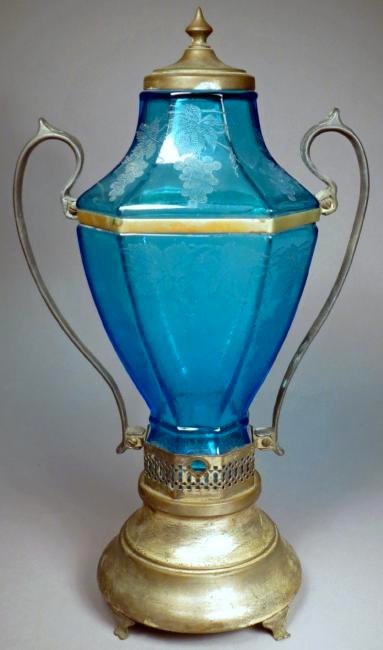 c1890 Etched Blue Glass Urn (1 of 7)