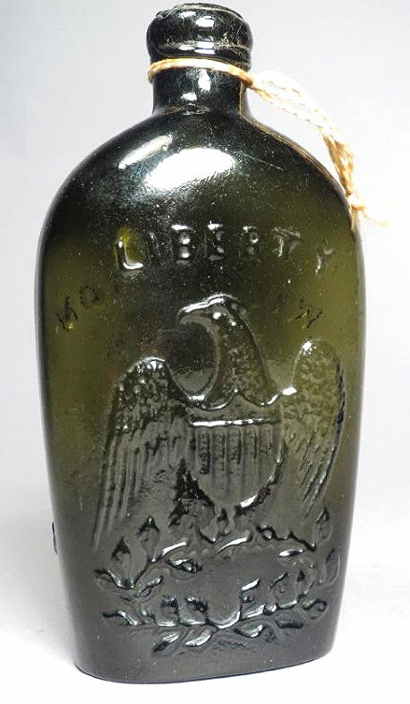 c1850 Willington Glass Co, Liberty Eagle Flask: Great 160+ year old flask from the Willington Glass Co. Flasks were produced from 1840 - 1860 and show and American eagle with a branch clasped in its talons with the word Liberty across the top. The