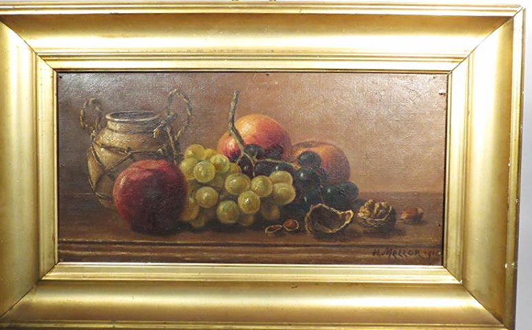 1910 H. Mellor Oil on Canvas, Still Life: Signed and dated in the lower right corner, H. Mellor 1910, this painting is of fruit and cracked nuts with a jar. Faint canvas info on the back, all that can be read is Windsor and London. Image is a