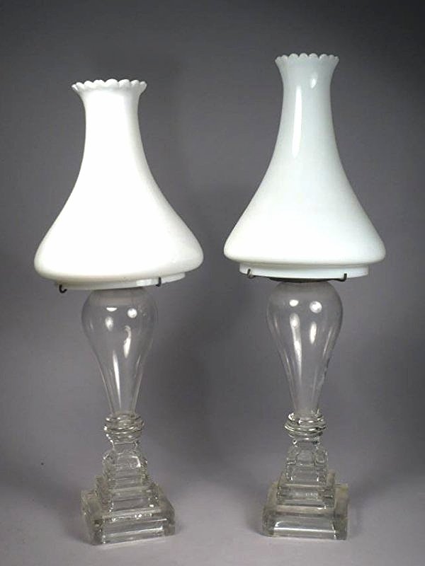 c1850 Boston & Sandwich Whale Oil Lamps with Shades: Amazing pair of 165+ year old whale oil lamps from Boston & Sandwich. This pair comes with a pair of milk glass shades with a ruffle top. These lamps have been converted to kerosene from whale oil and