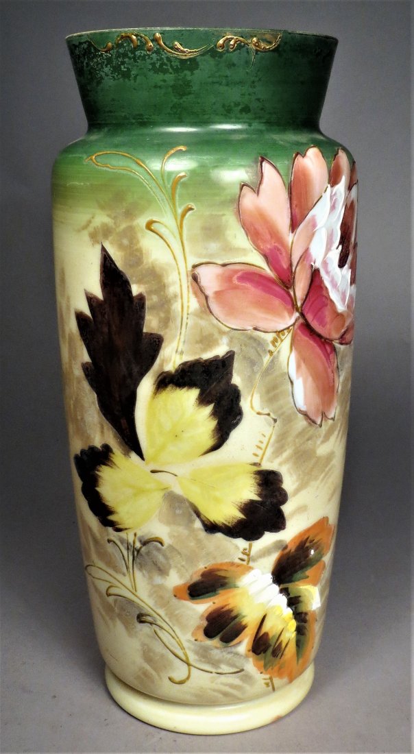 c1900 Floral Painted Milk Glass Tall Vase (1 of 9)