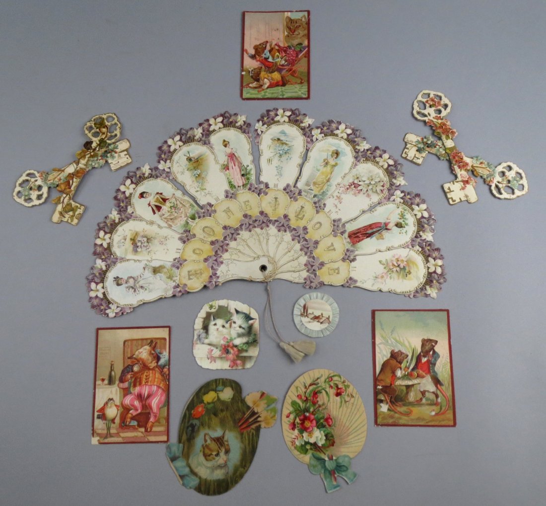 Victorian Lot Greeting paper Fan, die cut keys and (1 of 8)