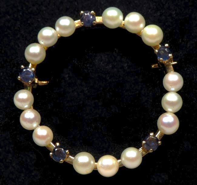 Edwardian 14k Gold & Pearl Circle Brooch with Sapphires (1 of 4)