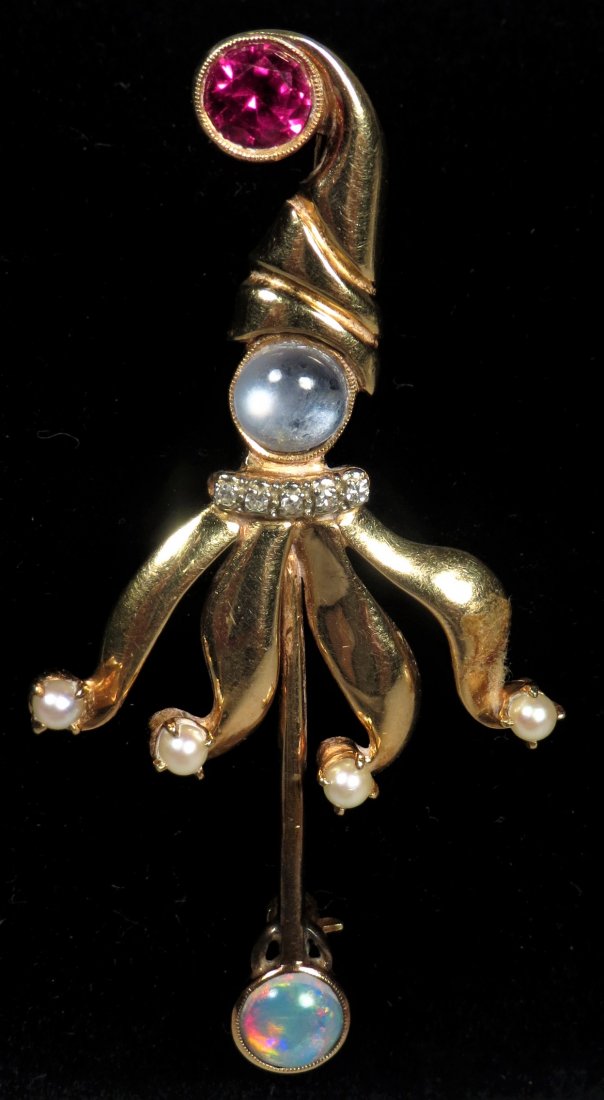 14K Gold Jester Brooch, Ruby, Diamonds, Pearls (1 of 6)