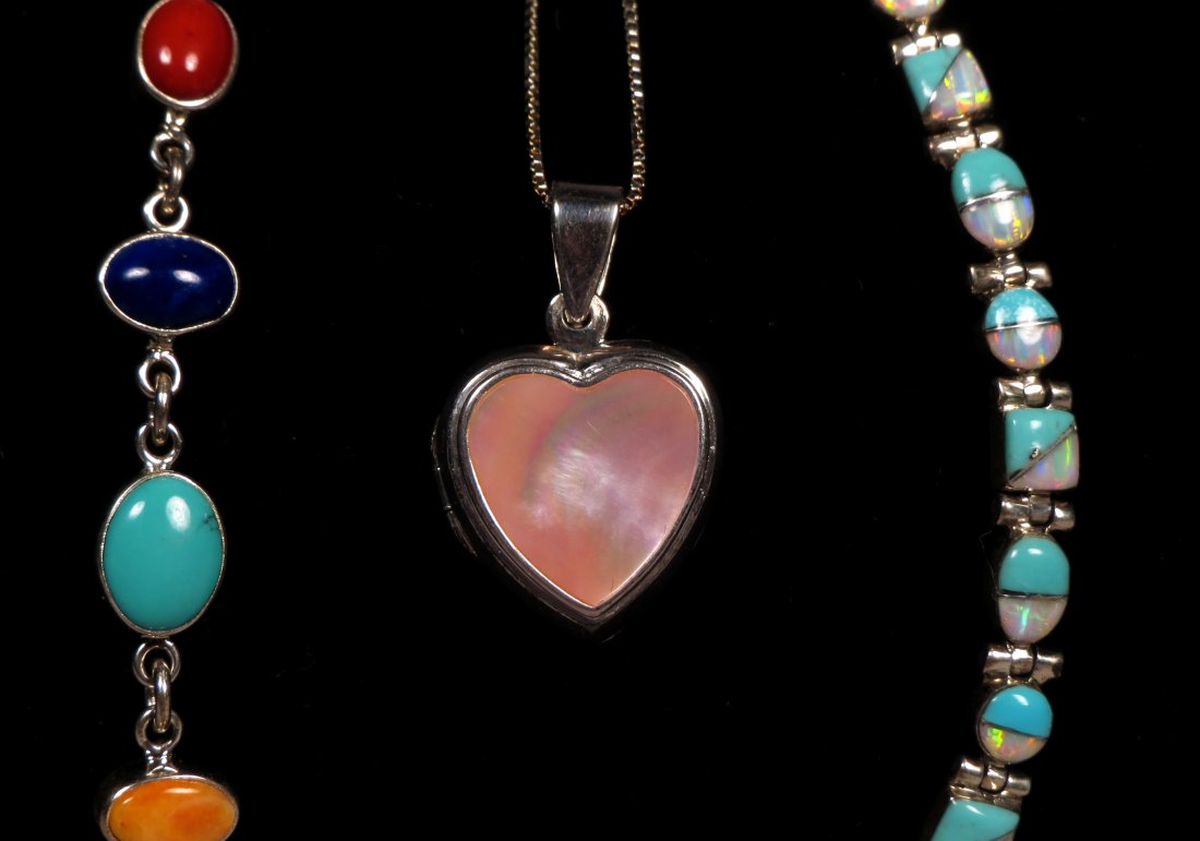 Vintage Modernist Sterling Native American: Pretty lot of vintage and modernist jewelry that includes a Native American sterling bracelet by Willie Shaw with opal and turquoise stones. Marked on each end, measures approx 7" long. Modernist mult