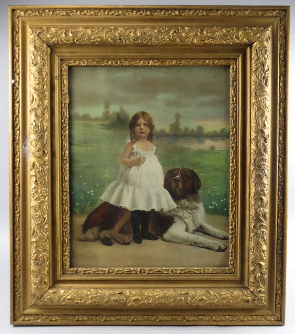 Victorian Print, Young Girl with St. Bernard (1 of 3)