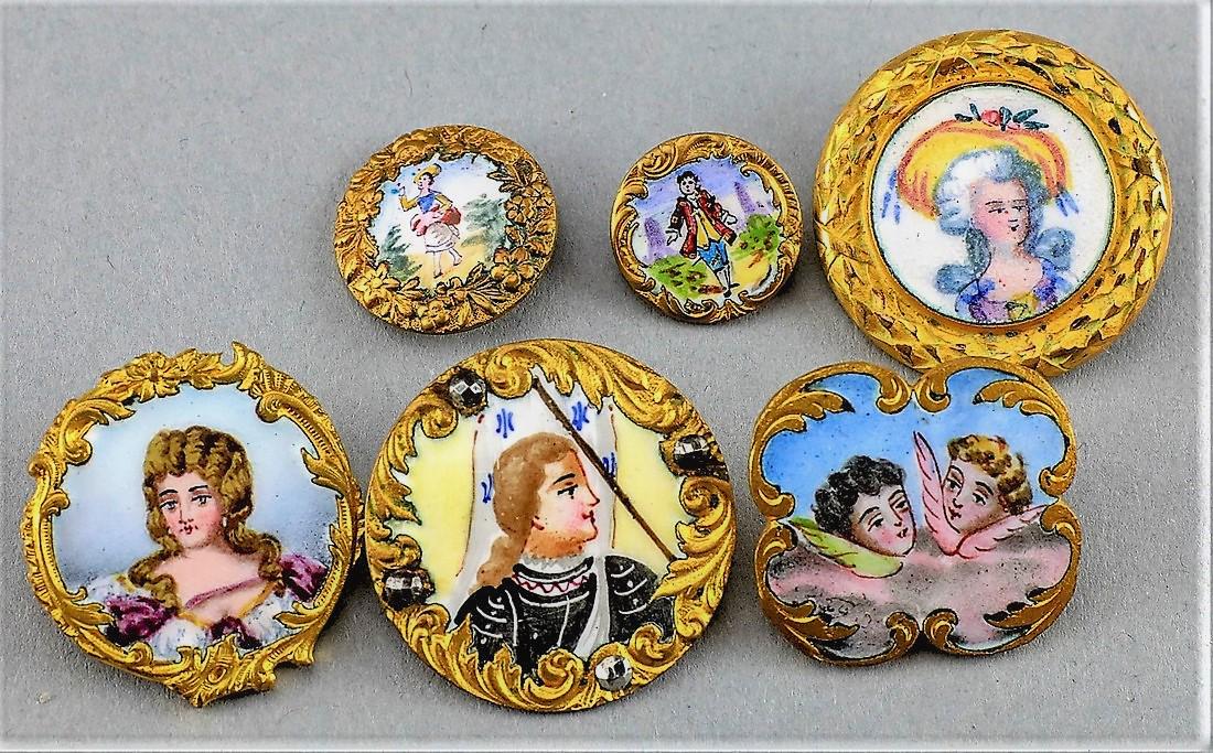 Victorian French Brass & Enamel Portrait Buttons