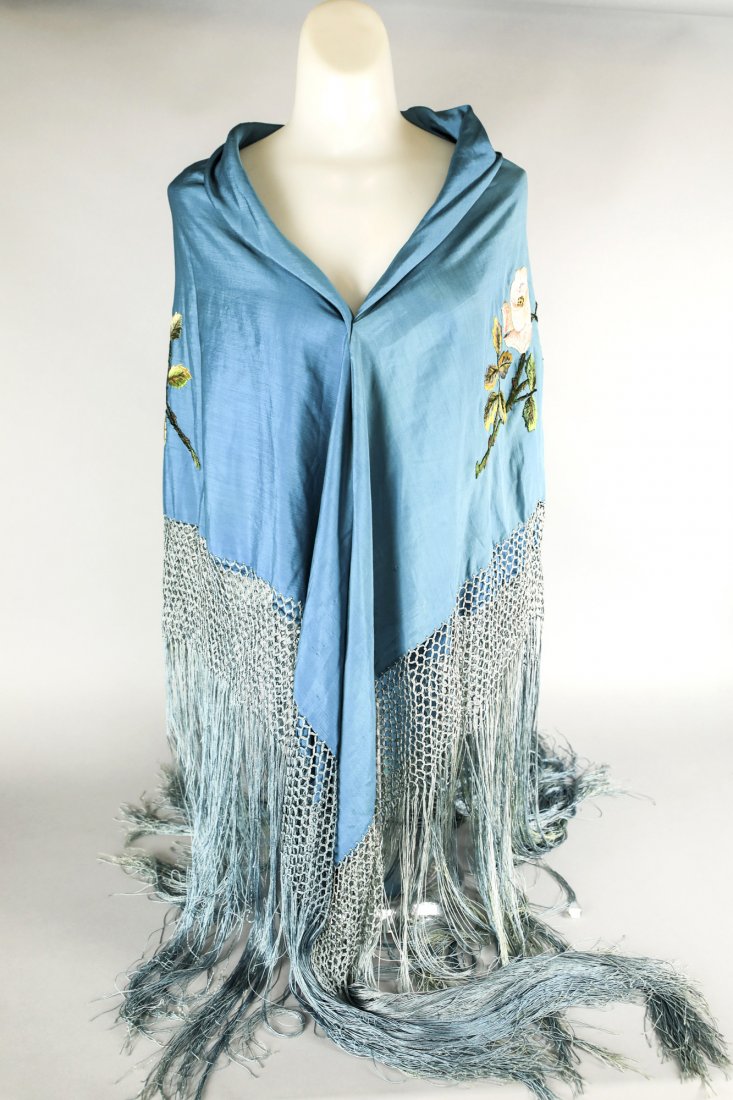 Victorian Teal Blue Embroidered Piano Shawl: Stunning Victorian piano shawl in teal blue silk with pale pink embroidered roses with green embroidered stems and leaves. Approx measurements overall 70" x 70" with the fringe being 23" and the body 