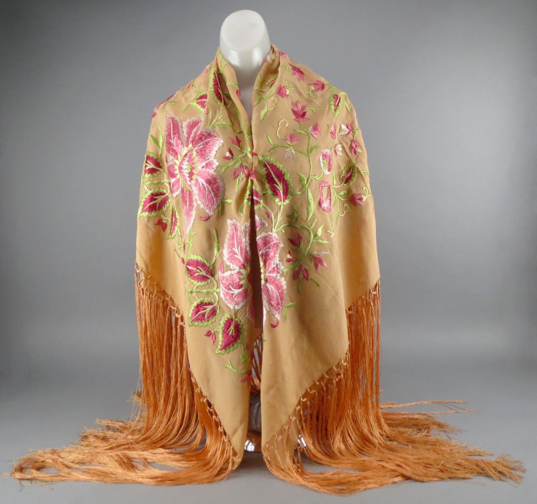 Victorian Peach Silk Shawl, Embroidered Flowers (1 of 8)