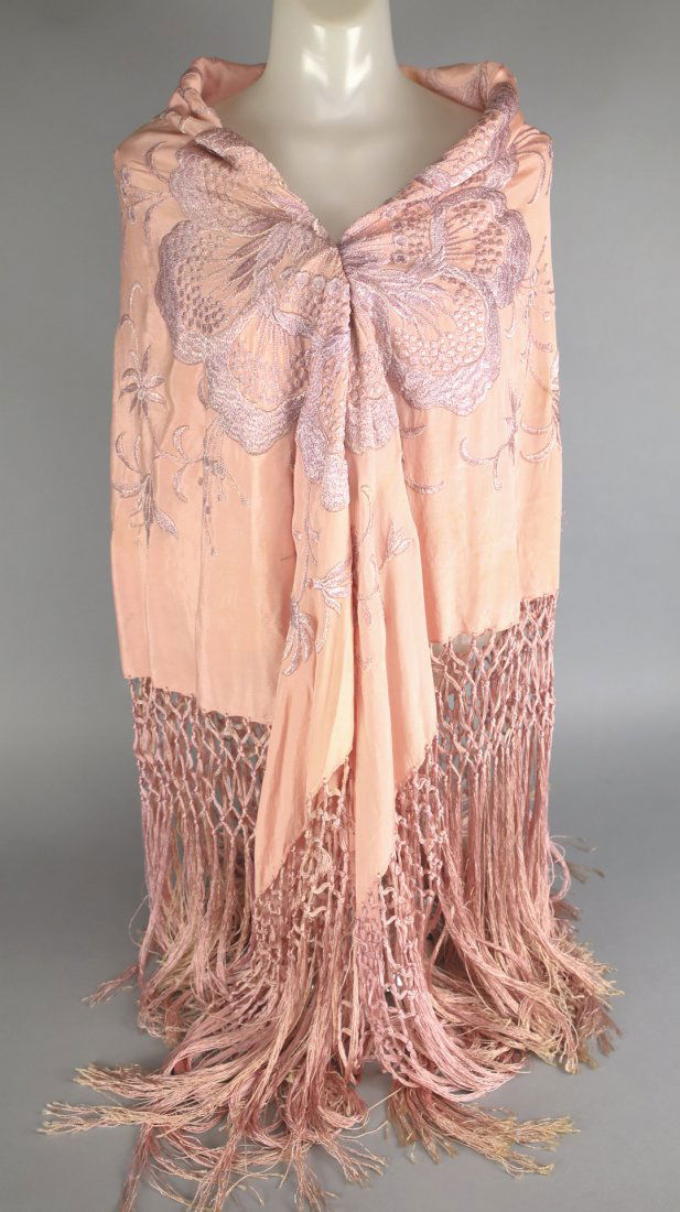 Victorian Pink Silk Piano Shawl, Lavender Floral (1 of 7)