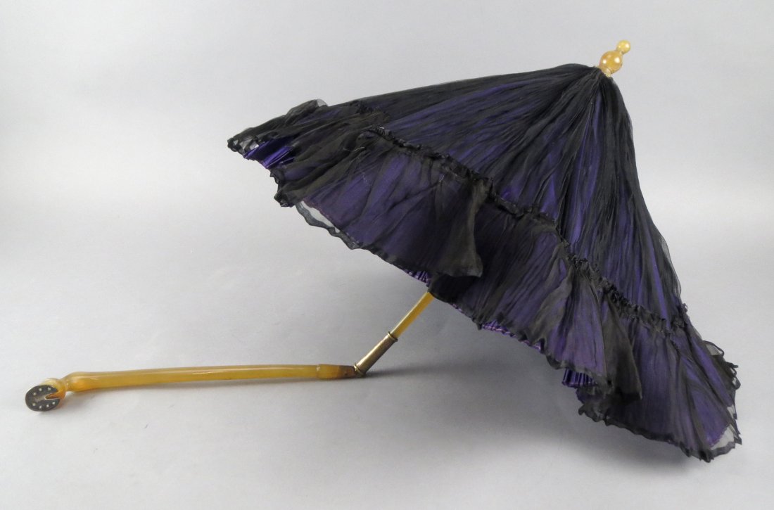c1860 Silk Folding Parasol, Carved Horse Hoof Handle (1 of 6)