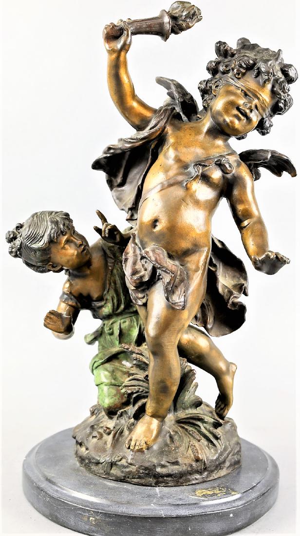 After Auguste Moreau Cupids: After Auguste Moreau signed on the base. Two cupids. Mounted on a marble base. With base the piece measures a total of 17.5 inches height. Appears to be in very fine condition. Signed on the base Augu