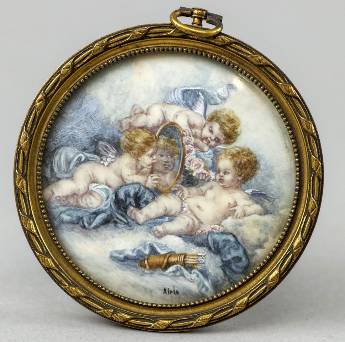 Antique painted Portrait Miniature Cherub Putti (1 of 4)