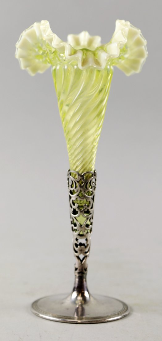 Antique Opalescent Vaseline Glass Epergne: Lovely epergne with a reticulated silver plate base that is not monogrammed. The glass insert is a vaseline, opalescent ruffle. Neither piece has a maker mark, but the silver base has the number 37 im