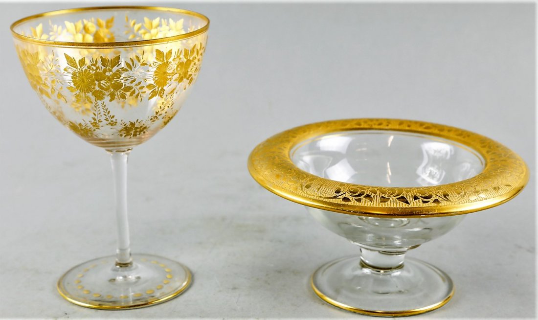 Vintage Gold Encrusted Glass Bowl & Wine Glass: These pretty pieces are heavily gold encrusted. One glass, attributed to Cambridge with a variety of flowers, stands approx 6" tall. One footed bowl, appears to be Tiffin Franciscan Rambler Rose. Stan