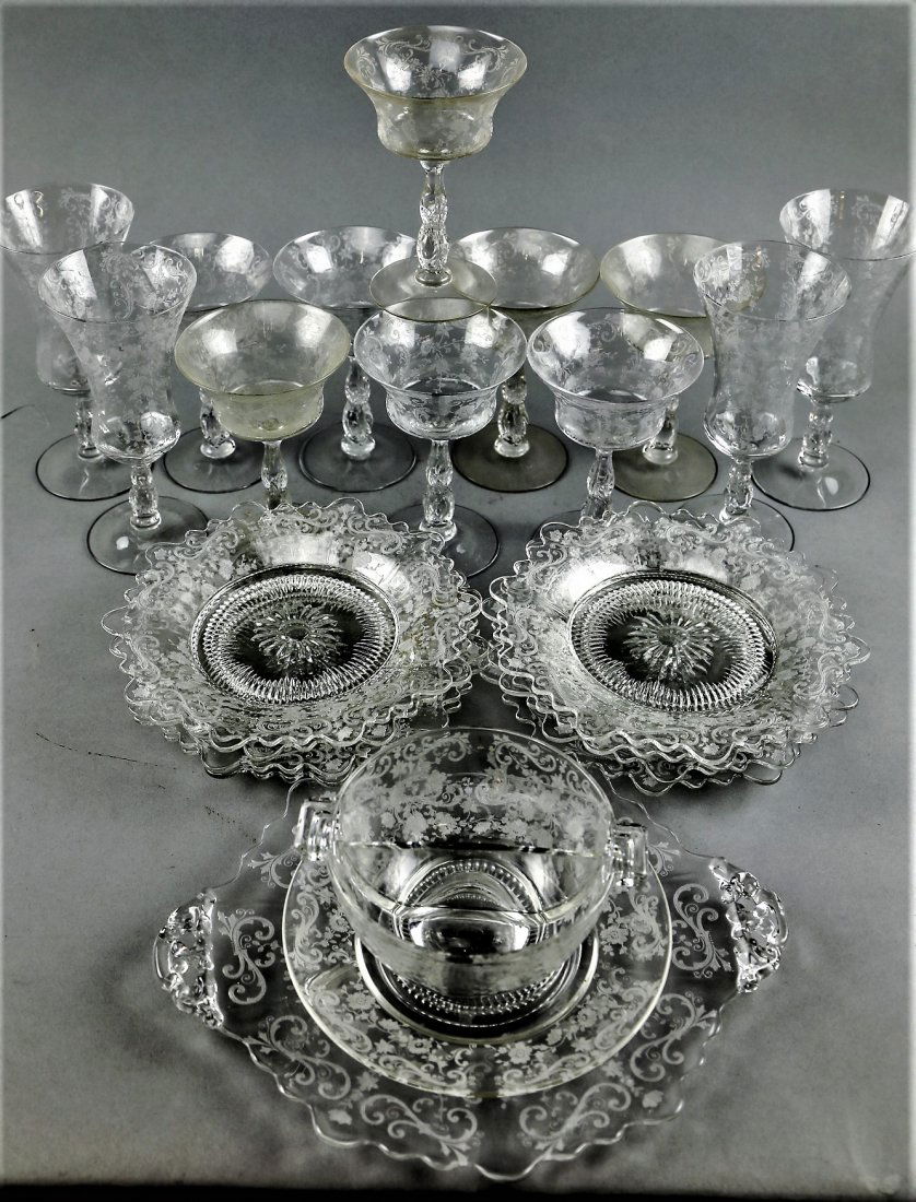 c1945 Cambridge Glass Set, Chantilly: Here is a beautiful lot of elegant glass from Cambridge Glass. The pattern is Chantilly and consists of one divided bowl with underplate, one double handled bon bon plate, eight scalloped edge dinner