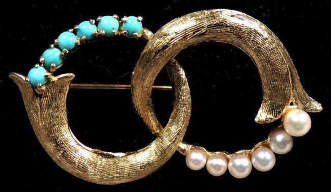 Vintage 14K Yellow Gold, Turquoise & Pearl Brooch (1 of 6)