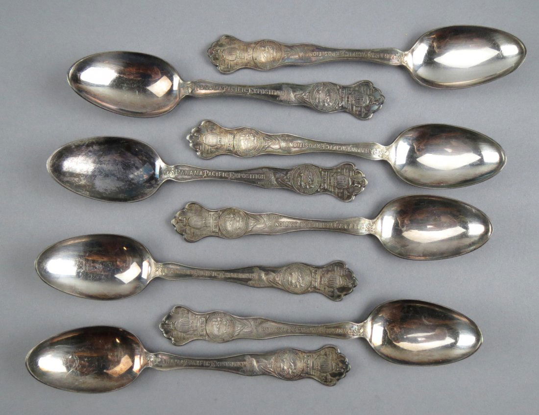 1915 Panama Pacific Exposition Spoons, Wallace: Nice set of silver plate spoons by Wallace. The special spoons were from the 1915 Panama Pacific Exposition and they measure approx 5 5/8" long.