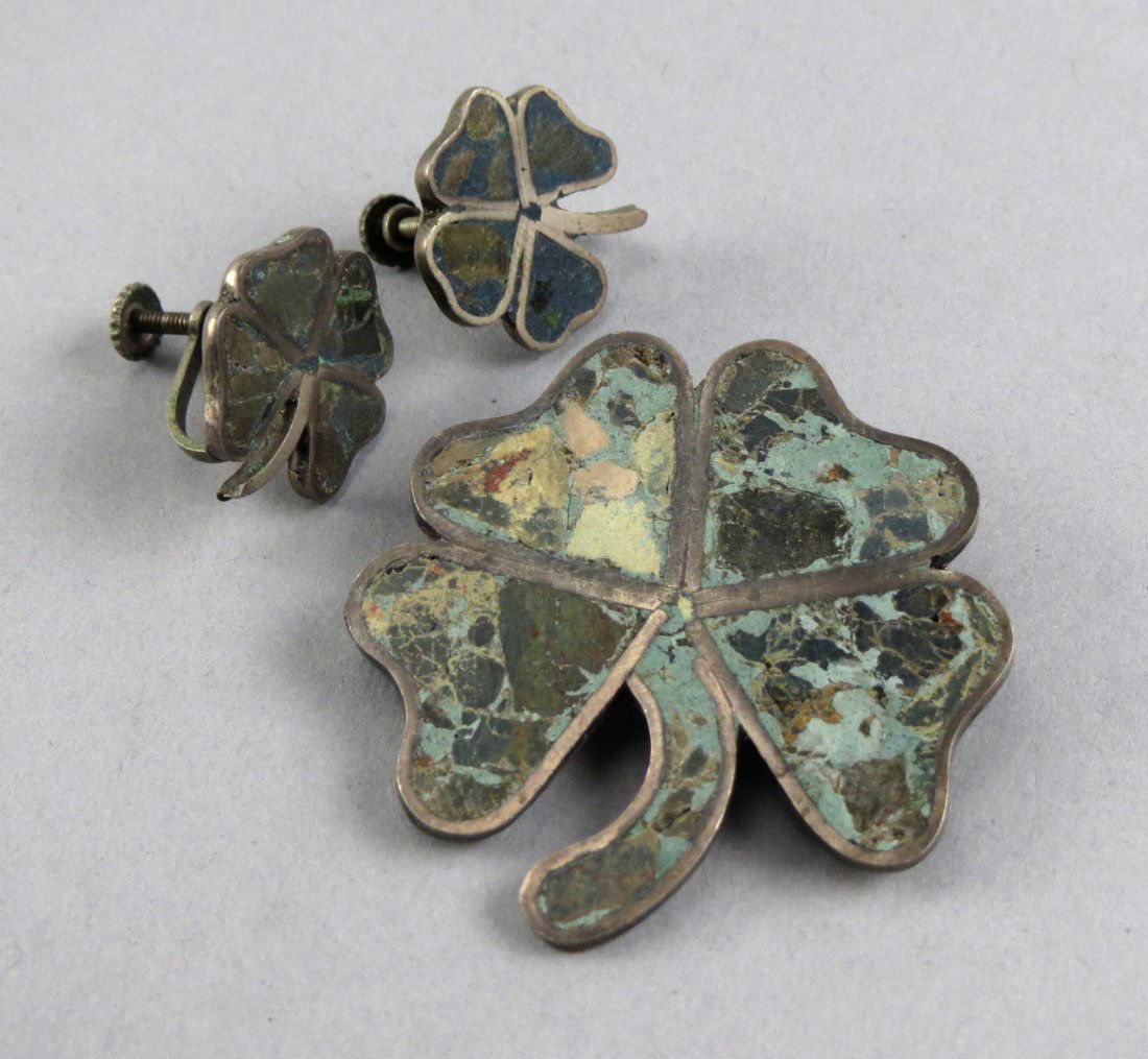 Early Mexico Sterling Four Leaf Clover Brooch/Earrings (1 of 7)