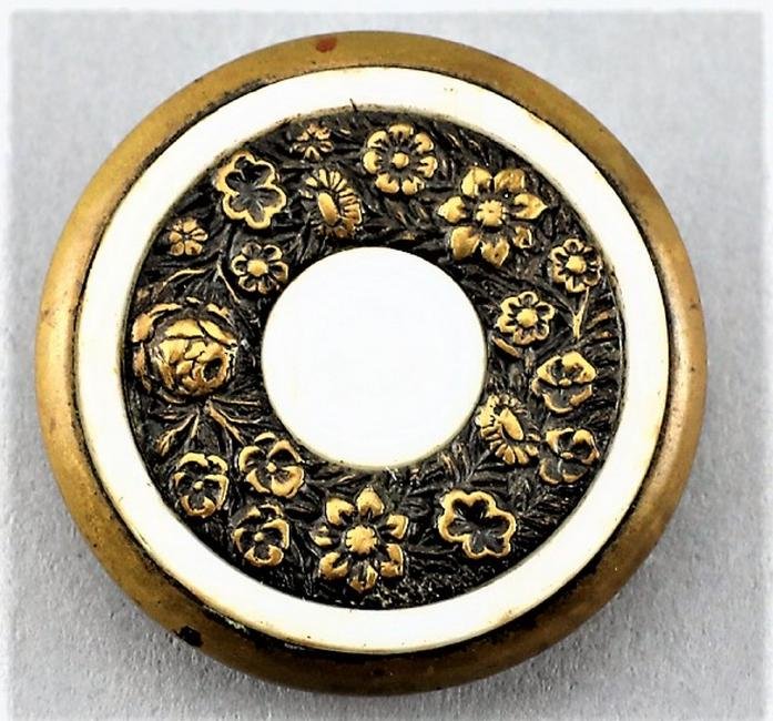 Vintage Brass & Milk Glass Button: This pretty button is brass with milk glass inserts. The shank is covered with hand stitched thread and measures approx 1 1/4" across.