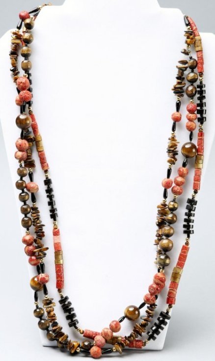 14K, Coral, Tiger Eye, Onyx Beaded Necklace (1 of 2)