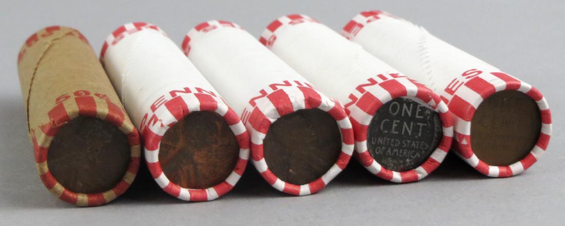 5 rolls what appears to be Wheat Pennies 1955 D, Indian (1 of 5)