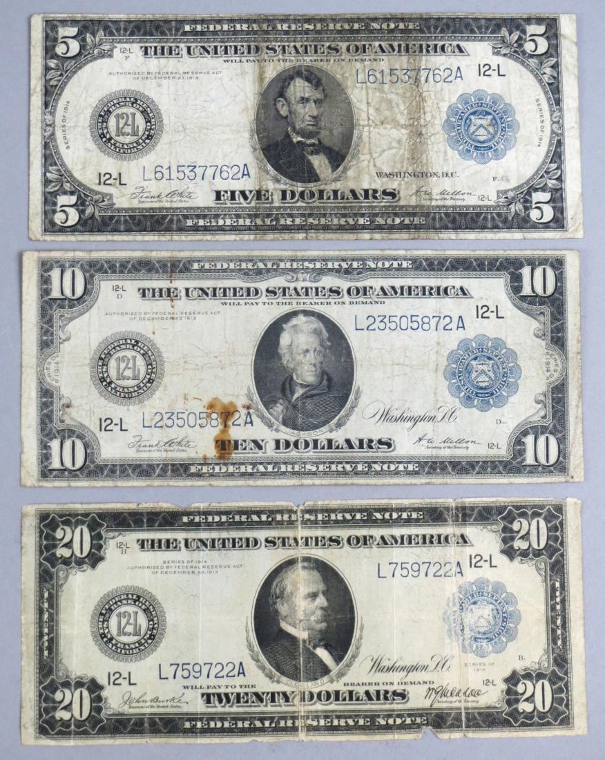Set of 3 1914 Horse Blanket Federal Reserve Notes: Set of 3 1914 "Horse Blanket" Federal Reserve Notes containing a $20, $10, and a $5 bills