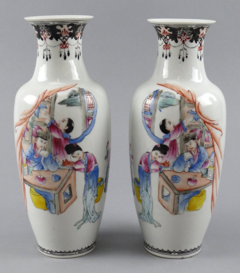 Pair, Mid Century Chinese Porcelain Vases: This is a very pretty pair of vases, all entirely hand painted. The images are mirrors of one another and appear to be one woman serving a man his tea with another man in the back ground. The back of